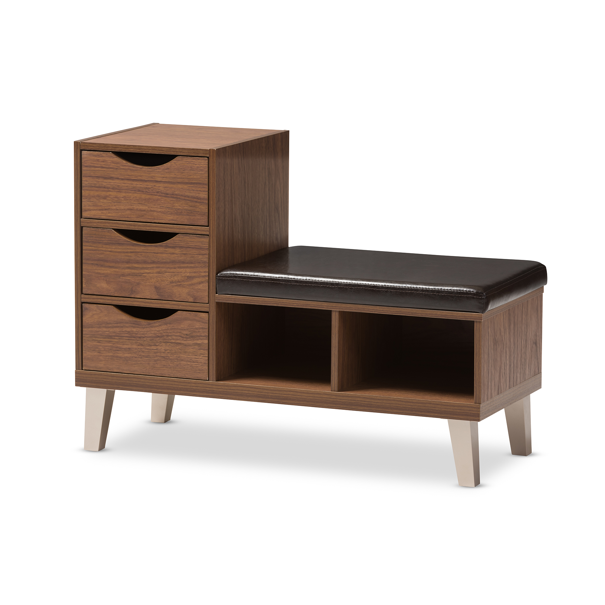 Baxton Studio Arielle Modern and Contemporary Walnut Brown Wood 3-Drawer Shoe Storage Padded Leatherette Seating Bench with Two Open Shelves